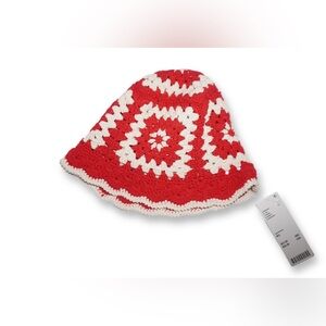 Urban Outfitters Red and White Crochet Hat